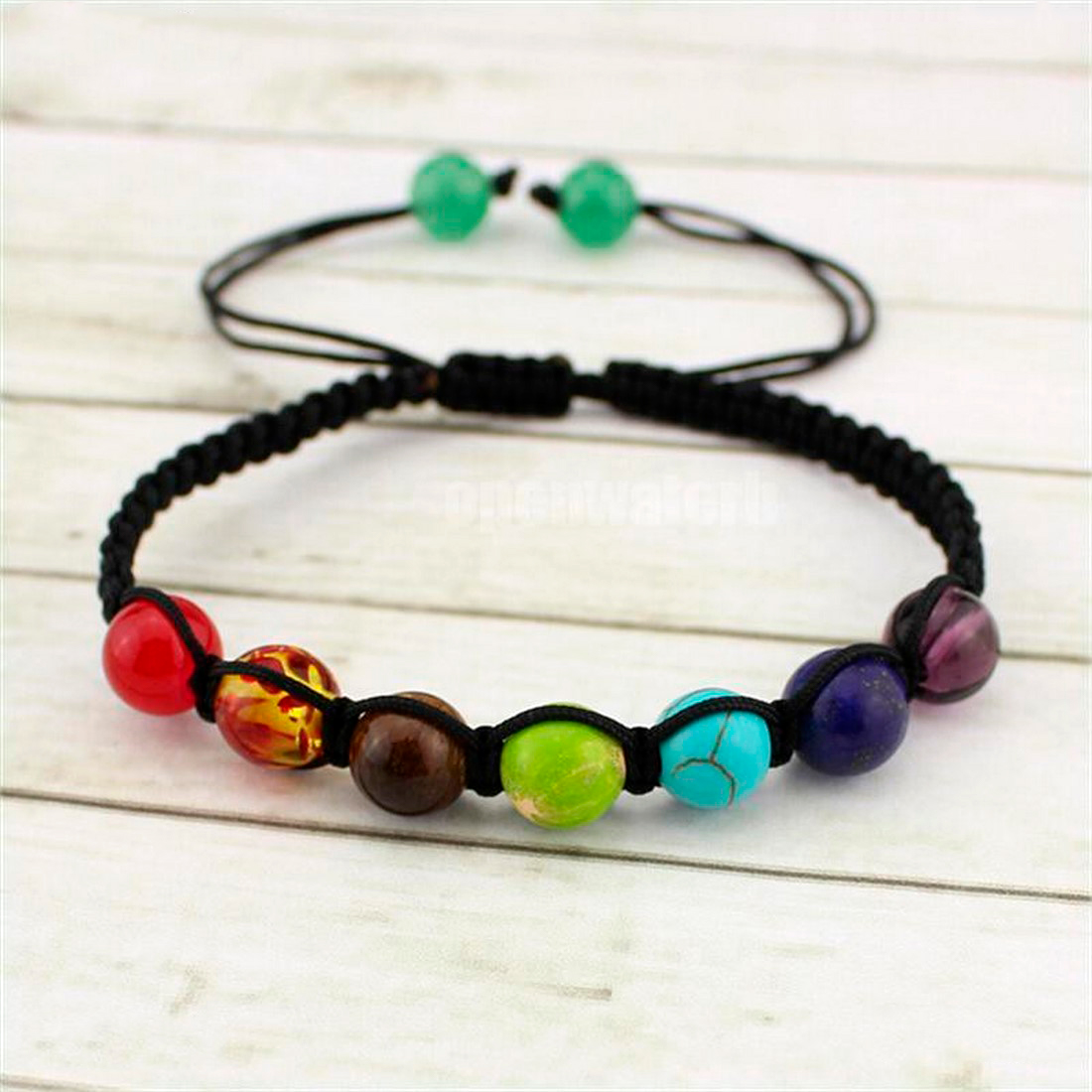 Pulsera 7 Chakras Cuarzos Tejida Negra Unisex + Estuche 